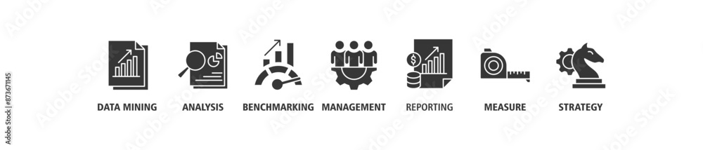 Business intelligence banner web icon set vector illustration symbol concept with icon of data mining, analysis, benchmarking, management, reporting, measure, and strategy