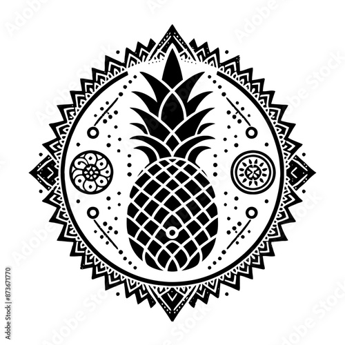 Pineapple fruit in decorative emblem ornament, Victorian, art deco, art nouveau, boho, bohemian,  folk, flourish