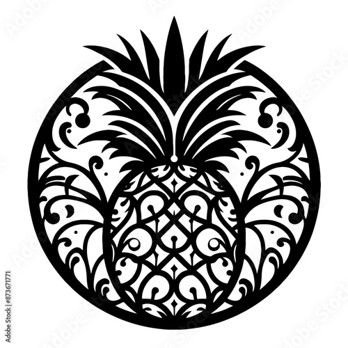 Pineapple fruit in decorative emblem ornament, Victorian, art deco, art nouveau, boho, bohemian,  folk, flourish
