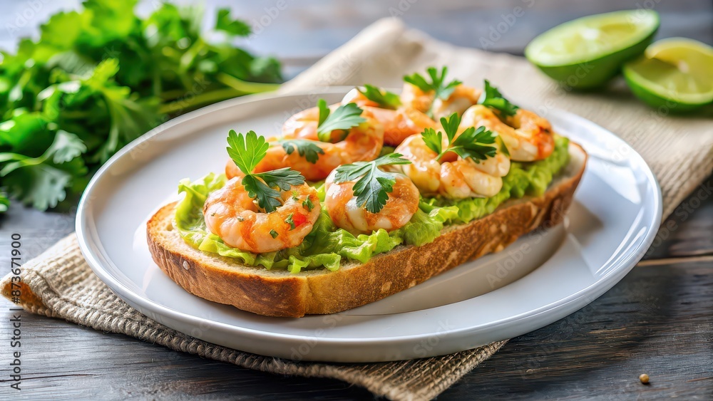 Sandwich with shrimps, avocado guacamole, and fresh parsley on a white plate, sandwich, shrimps, avocado, guacamole Sandwich with shrimps, avocado guacamole, and fresh parsley on a white plate, sandwich, shrimps, avocado, guacamole