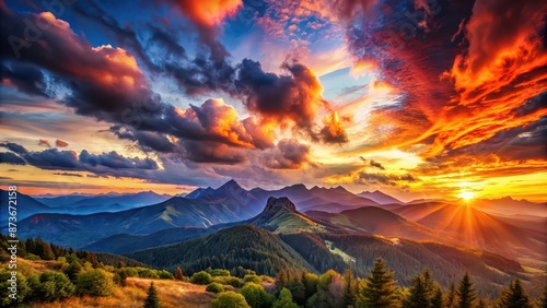 Sunset over majestic mountain range, with vibrant colors and dramatic clouds, sunset, mountains, nature, landscape, scenic, outdoors