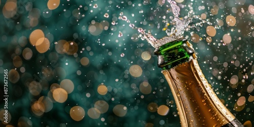 Champagne Bottle Splashing In Water With Green Background