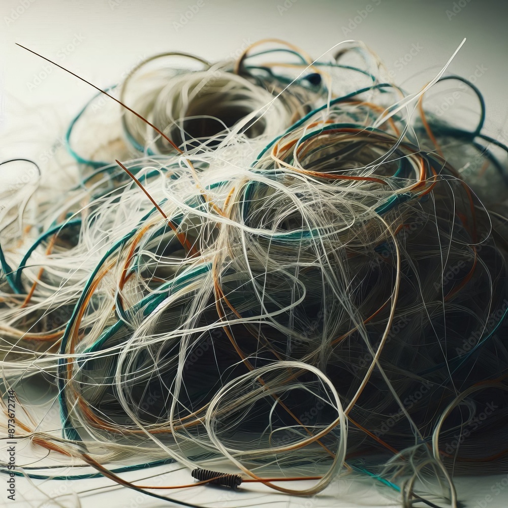 Tangled blue fishing nets and ropes with pops of yellow floats essential equipment for a fisherman's catch from the sea