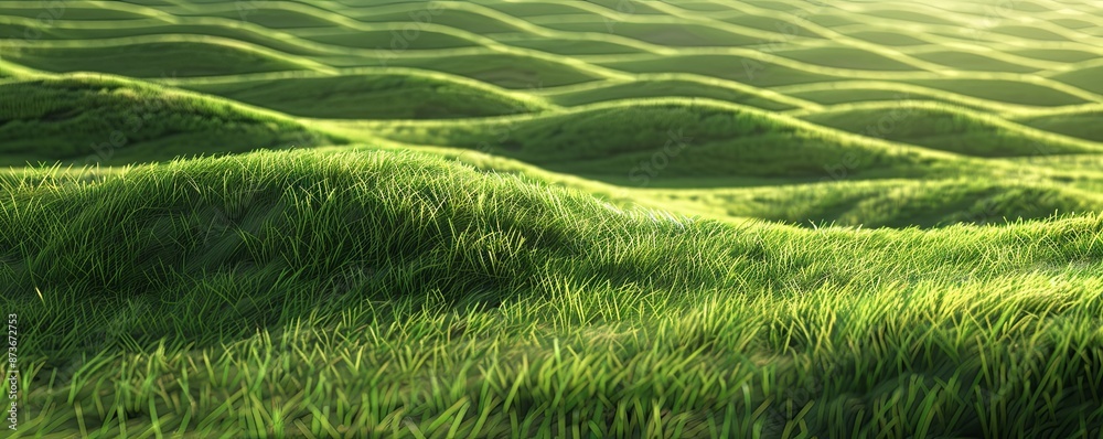 Fototapeta premium Abstract 3D Rendering of Green Grass Waves in the Background, Featuring Green Hills Texture with Wavy Lines for Natural and Eco-Friendly Advertising Design Template, Forest Field Pattern, Wide Banner 