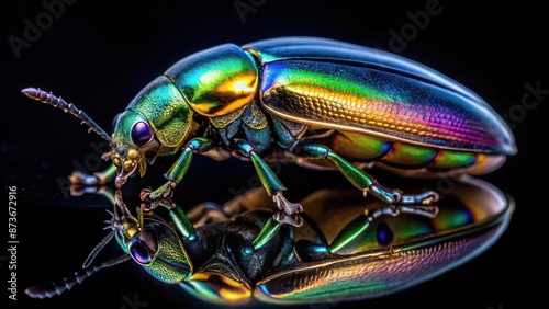 Close-up of a beetle with iridescent wings on a black background, insect, bug, close-up, macro, shiny, beetle, fly