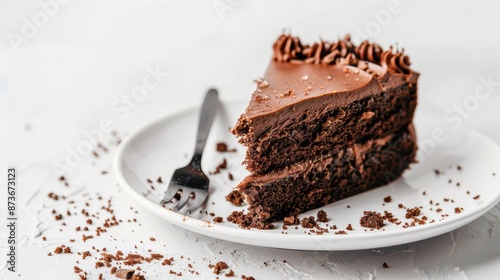 A close-up of a slice of chocolate cake on a white plate