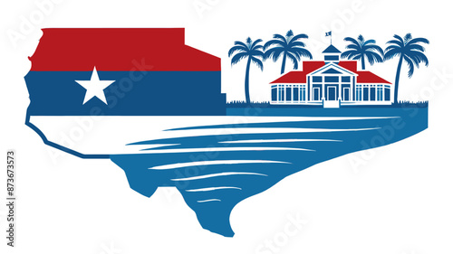 Texas state map with a star and historic building illustration featuring palm trees, American flag colors, patriotic symbol, vector art for travel and tourism promotions, educational materials