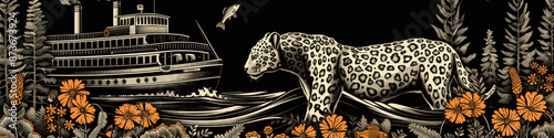Vintage-style leopard and riverboat illustration with orange flowers, wildlife art for retro decor, nature-themed designs, adventure posters, and travel merchandise