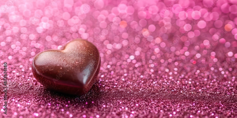 Heart shaped chocolate on pink glitter background for Valentine's concept, Valentine's Day, love, sweet, romantic Heart shaped chocolate on pink glitter background for Valentine's concept, Valentine's Day, love, sweet, romantic