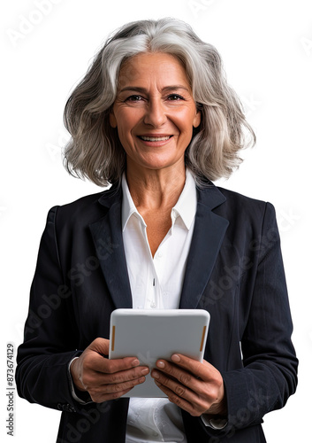 Portrait of senior executive businesswoman happy smiling and standing posing holding using tablet computer, Wear a suit, isolated on white background, png