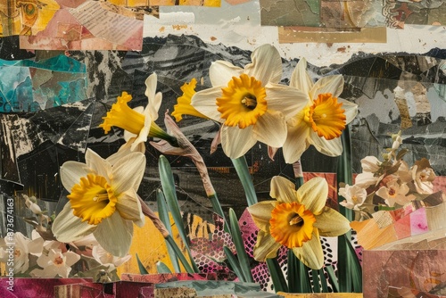 Vibrant and colorful abstract artistic daffodil collage mixed media background with floral pattern and vintage decoupage design