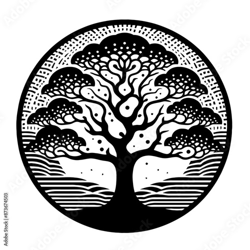 Japanese Aralia plant, tree in decorative emblem ornament, Victorian, art deco, art nouveau, boho, bohemian,  folk, flourish