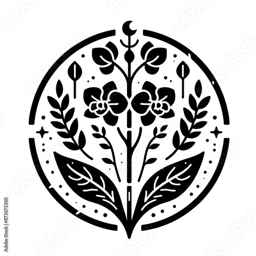 Orchid plant, tree in decorative emblem ornament, Victorian, art deco, art nouveau, boho, bohemian,  folk, flourish