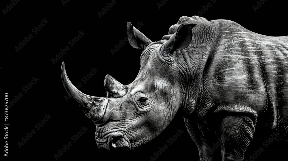An iconic black and white image of a majestic rhinoceros accompanied by statistics about their dwindling population.. An iconic black and white image of a majestic rhinoceros accompanied by statistics about their dwindling population..