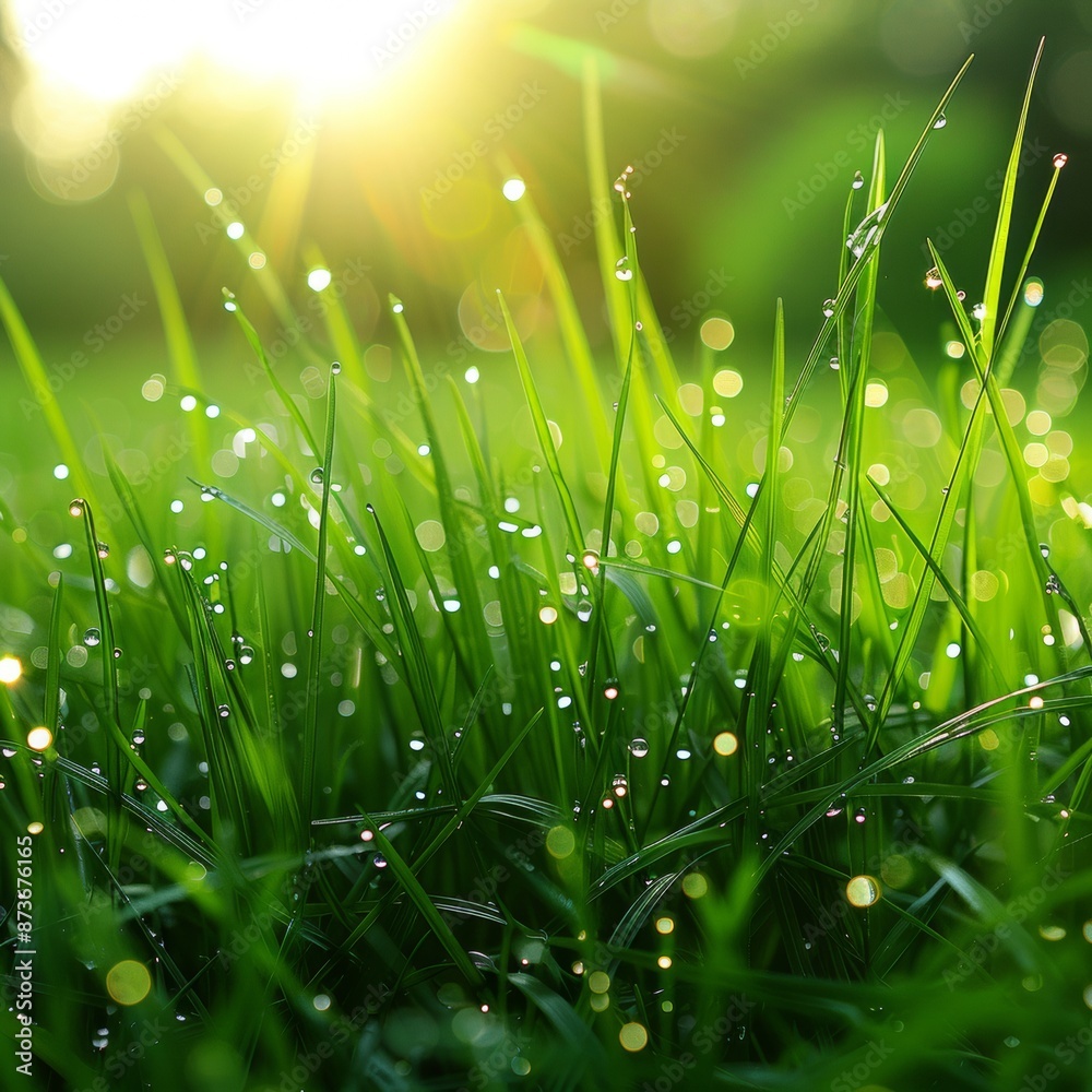 Fototapeta premium Radiant Morning Dew on Fresh Green Grass with Glistening Droplets - Nature's Delicate Beauty | Isolated White Background Copy Space