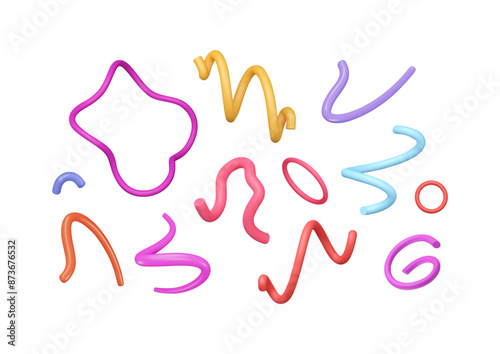 3d squiggles set. Plastic doodles, serpentine and geometric shapes. Abstract volumetric lines and circles. Fluid creative art. Vector illustration for party designs.