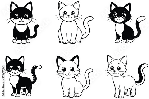 cute black cat cartoon line art and silhouette vector illustration bundle set.