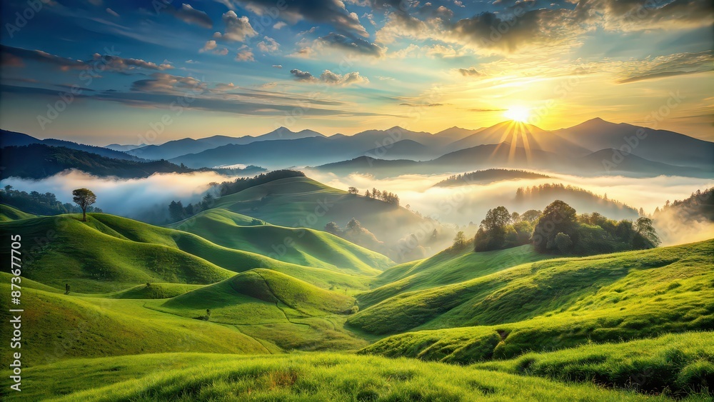 Fototapeta premium Serene landscape of green hills with sunrise behind misty mountains, featuring green grass in foreground