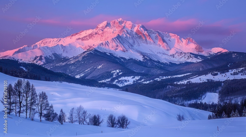 A mountain range covered in snow with a pink sky in the background A mountain range covered in snow with a pink sky in the background