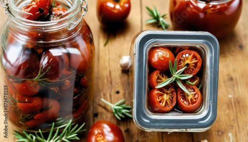 Conserva Saborosa, Tomates Secos e Ervas Aromáticas, sobre mesa de madeira photo