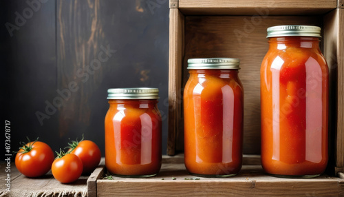 Três potes de vidro com tomates e tampas metálicas, sobre superfície de madeira e três tomates soltos