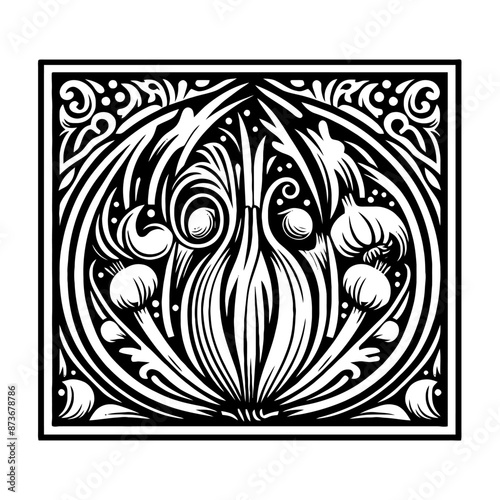 Garlic vegetable in decorative emblem ornament, Victorian, art deco, art nouveau, boho, bohemian, folk, flourish