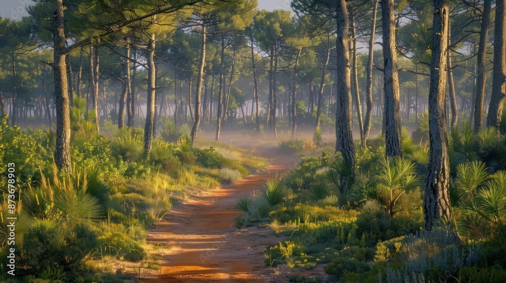 Obraz premium A forest path with trees and bushes