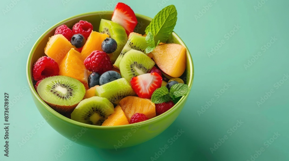 Fresh and colorful fruit salad in a green bowl, featuring strawberries, blueberries, kiwi, and melon. Perfect for a healthy and refreshing snack. Fresh and colorful fruit salad in a green bowl, featuring strawberries, blueberries, kiwi, and melon. Perfect for a healthy and refreshing snack.