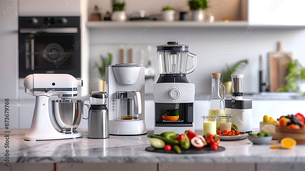 A sleek, modern kitchen setting showcasing new high-quality kitchen appliances, with vibrant food and drink items prepared. Generative AI illustration
A sleek, modern kitchen setting showcasing new high-quality kitchen appliances, with vibrant food and drink items prepared. Generative AI illustration