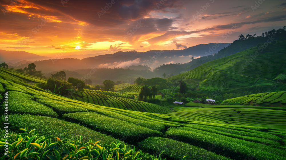 Fototapeta premium Beautiful tea plantation landscape in sunset Thailand Agricultural landscapes of tea terraces