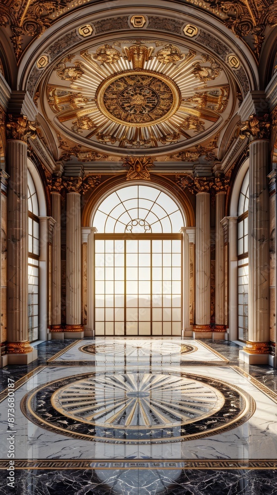 Obraz premium Baroque Classical Abstract Marble Framed Ceiling Art with Ornate Border. Luxury Lavish Decor Elements with Seamless Pattern Background Texture
