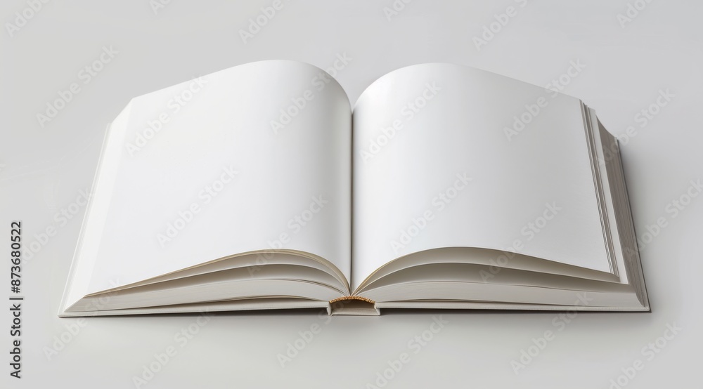 An elegant white hardcover book with blank pages lies open, its pristine and minimalist design perfect for conveying purity and simplicity.