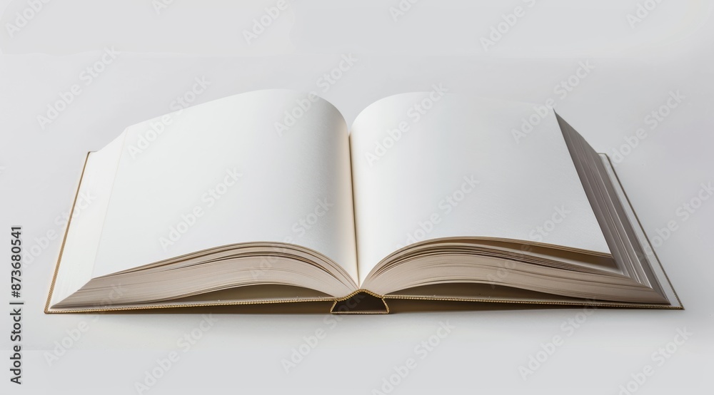An elegant white hardcover book with blank pages lies open, its pristine and minimalist design perfect for conveying purity and simplicity.