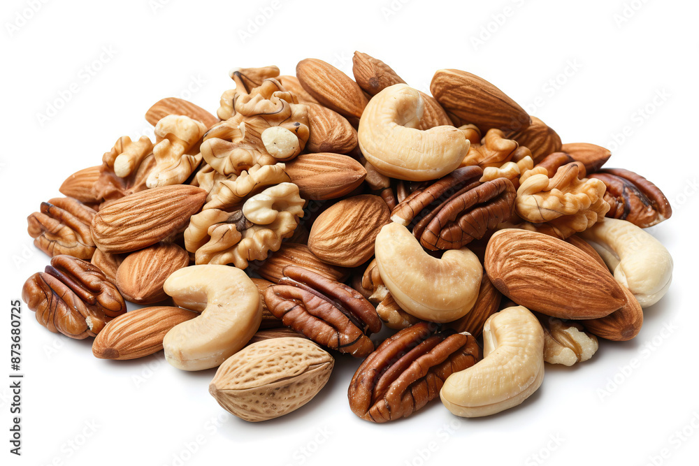 Heap of assorted nuts including almonds, walnuts, cashews, and pecans, arranged on a white background,