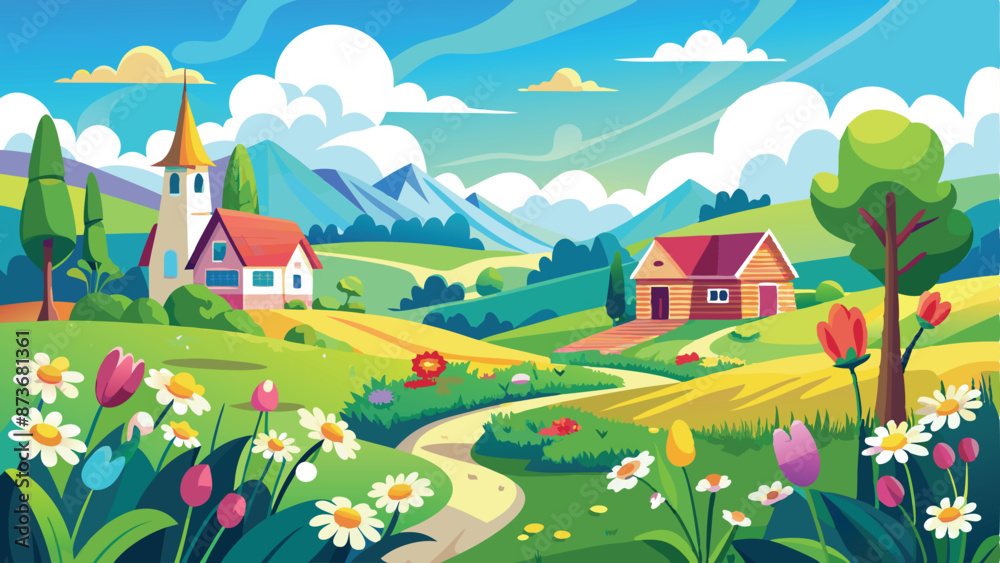 Naklejka premium Spring landscape in flower field on sunny Day, Panorama outing in countryside in spring with blue sky and clouds. 