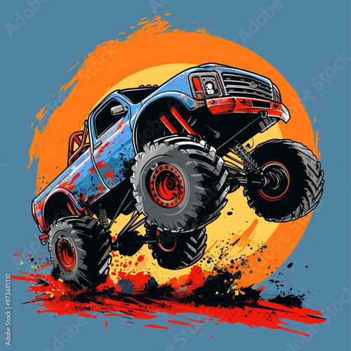 Cartoon Monster Truck. Extreme Sports vector illustration. 4x4. Vehicle SUV Off Road. Can be printed on T-shirts, bags, posters, invitations, cards, phone