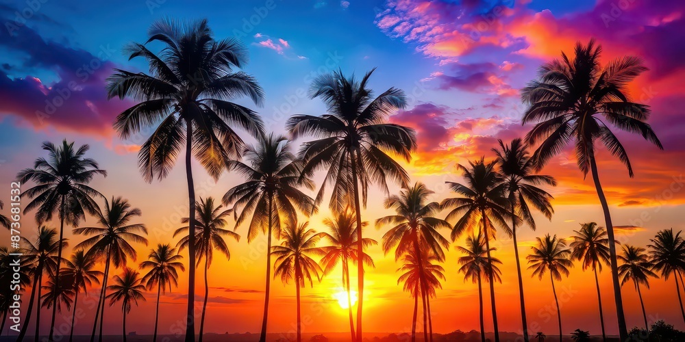 Colorful tropical sunset with coconut palm trees silhouettes and shining sun, tropical, sunset, colorful Colorful tropical sunset with coconut palm trees silhouettes and shining sun, tropical, sunset, colorful