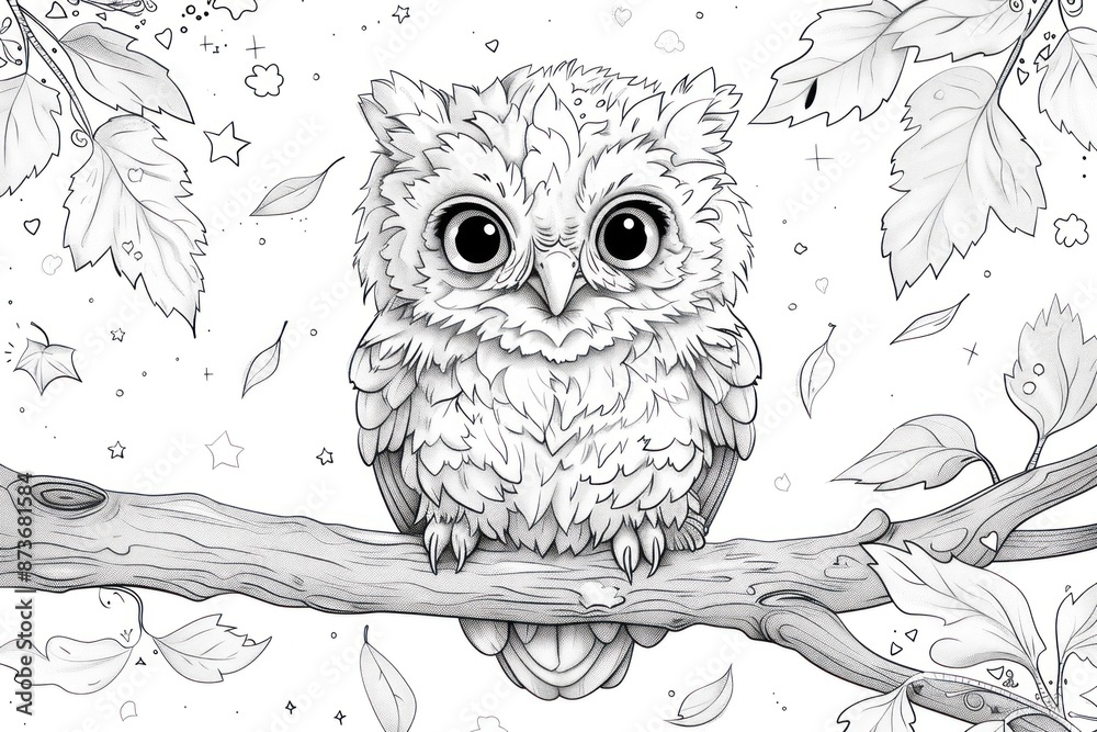 Fototapeta premium A delightful line art illustration of a baby owl perched on a branch. The owl has large, expressive eyes and is surrounded by leaves and stars. The design is intended for coloring pages, providing