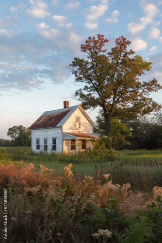 As the sun dips below the horizon, casting its final rays across the scene, the farmhouse stands as a symbol of enduring beauty and timeless grace, capturing  © peerawat