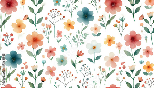 A seamless and minimalistic watercolor floral pattern featuring simple and adorable flowers in vibrant and pastel tones.