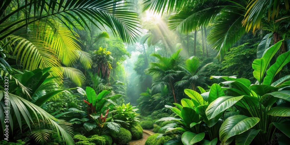 Lush green jungle filled with a variety of exotic plants, rainforest, tropical, foliage, lush, green, vibrant, wild, nature Lush green jungle filled with a variety of exotic plants, rainforest, tropical, foliage, lush, green, vibrant, wild, nature