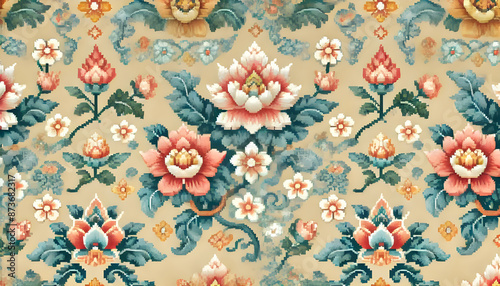 A seamless Thai pixel pattern featuring traditional Thai floral motifs. 