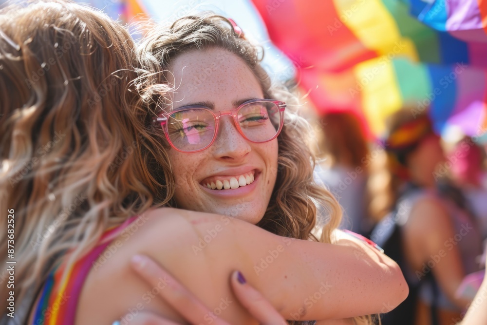 Smiling young woman with glasses hugging friend at Pride parade, surrounded by vibrant rainbow flags, joyful expressions colorful celebrate LGBTQ+ pride, love, unity, promoting acceptance inclusivity. Smiling young woman with glasses hugging friend at Pride parade, surrounded by vibrant rainbow flags, joyful expressions colorful celebrate LGBTQ+ pride, love, unity, promoting acceptance inclusivity.