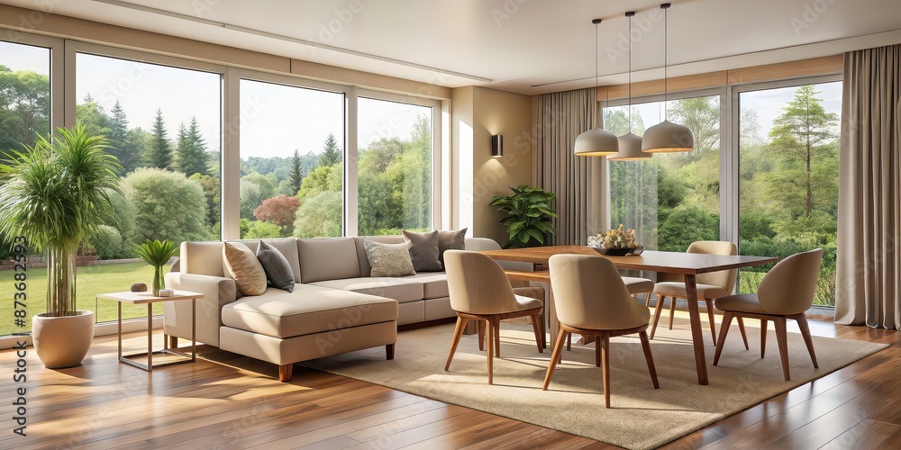 Fototapeta premium Beige living room interior with dining table, cozy seating area, and large window overlooking nature, beige
