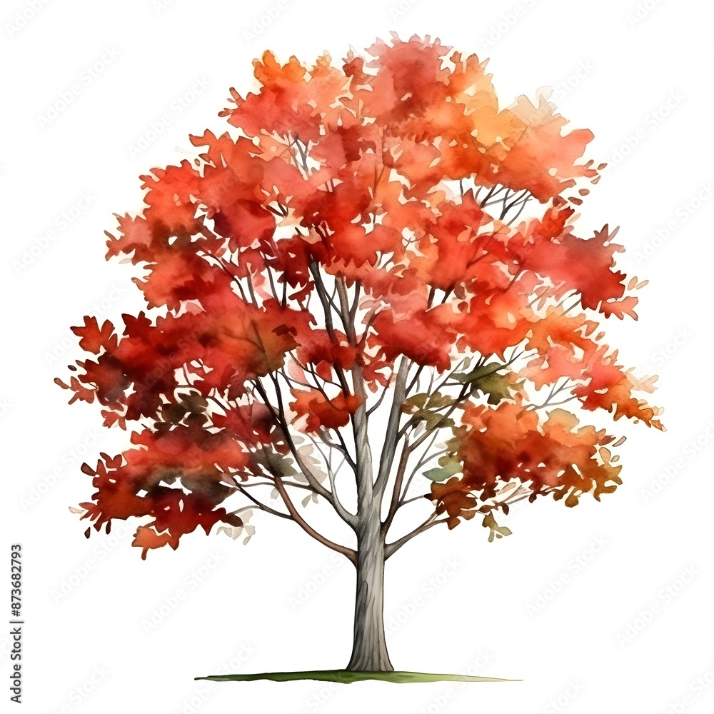 Autumnal Franklin Tree with Fiery Red Leaves Watercolor Autumnal Franklin Tree with Fiery Red Leaves Watercolor