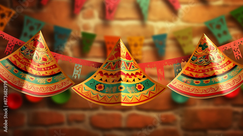Paper Banner Buntings Chili Sombrero Feliz Cinco de Mayo , Generative AI.