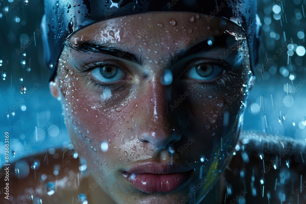 World-class swimmer's face in sharp studio lighting, water droplets enhancing their chiseled features. World-class swimmer's face in sharp studio lighting, water droplets enhancing their chiseled features.