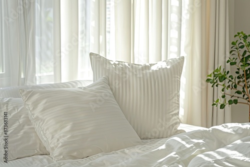 "One Oversized White-Striped Pillow with White Satin"