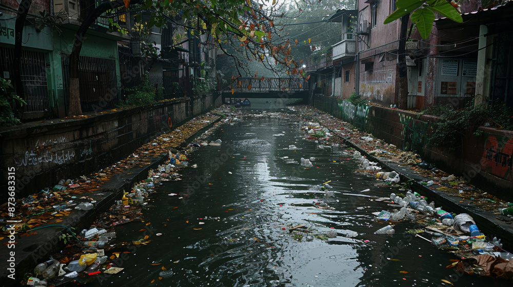 An urban canal filled with trash and pollution, illustrating environmental issues and water contamination in a city setting. An urban canal filled with trash and pollution, illustrating environmental issues and water contamination in a city setting.