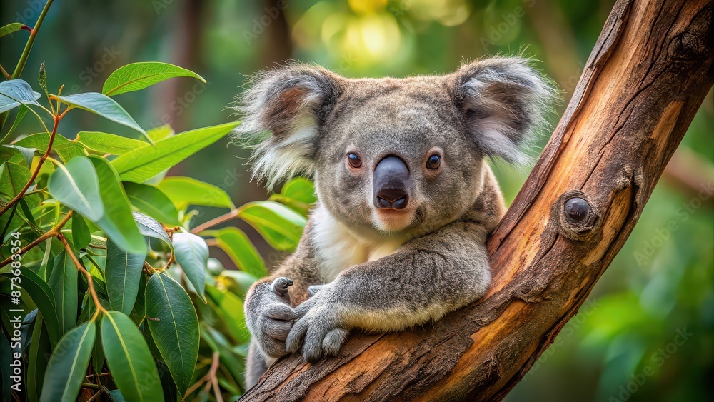 Fototapeta premium Koala resting in eucalyptus tree, wildlife, Australian, marsupial, furry, cute, tree-dwelling, sleeping, peaceful